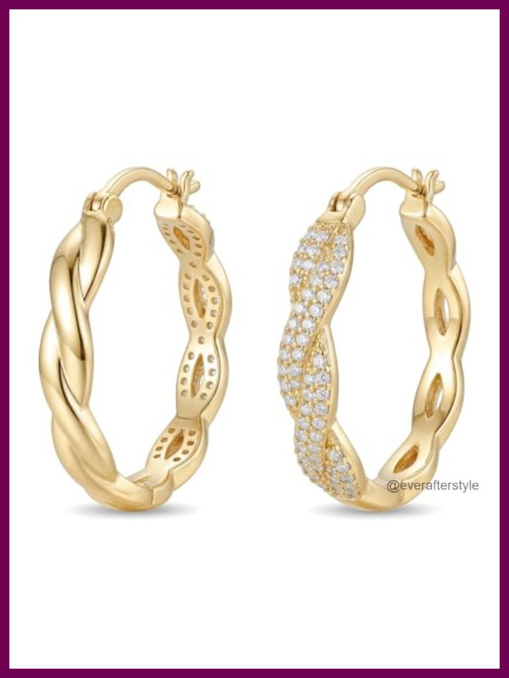 14K Gold Plated Twisted Hoop Earrings with CZ - Hinged Snap Back, Sparkly Large